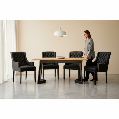 Modernen ovalen Iesszëmmerdësch Designer schwaarz Chesterfield Still 7-Deeler Set