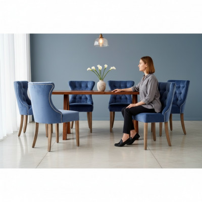 Rechteckegen Holzdësch Designer x6 Chesterfield Blo Still 7tlg. Iessgrupp