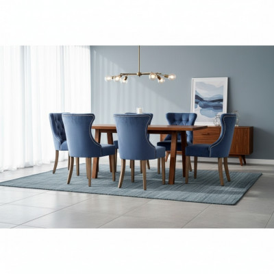 Rechteckegen Holzdësch Designer x6 Chesterfield Blo Still 7tlg. Iessgrupp