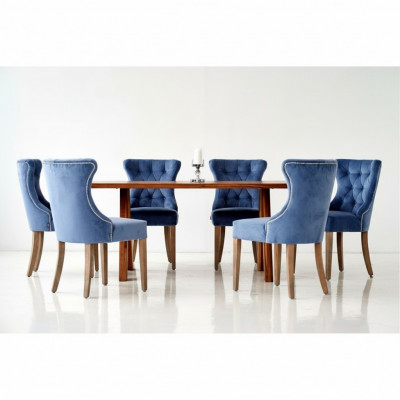 Rechteckegen Holzdësch Designer x6 Chesterfield Blo Still 7tlg. Iessgrupp