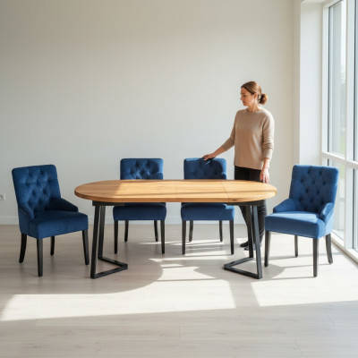 Ronnen Holz-Iessdësch Designer Blo x4 Chesterfield Iesszëmmer Still 5-Stéck Set.