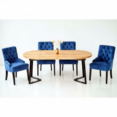 Ronnen Holz-Iessdësch Designer Blo x4 Chesterfield Iesszëmmer Still 5-Stéck Set.