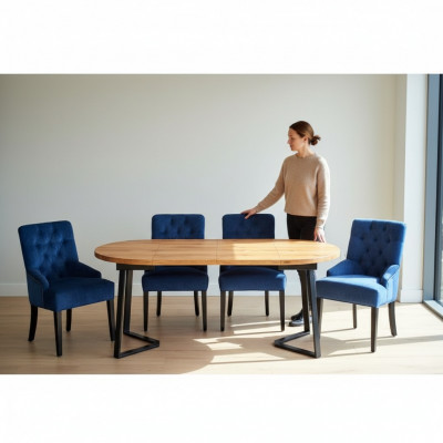 Braun-blo Iesszëmmermiwwelen Designer Holz Iessdësch mat 6x Gestofféierte Chesterfield Still