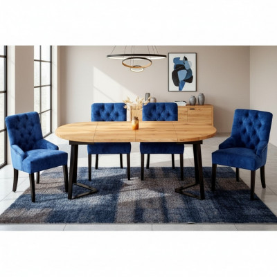 Braun-blo Iesszëmmermiwwelen Designer Holz Iessdësch mat 6x Gestofféierte Chesterfield Still