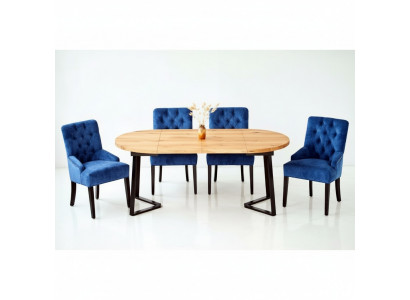 Braun-blo Iesszëmmermiwwelen Designer Holz Iessdësch mat 6x Gestofféierte Chesterfield Still