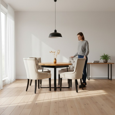 Iessensemble Dësch + 4 Chesterfield Still Stiller Holz Sëtz Polster Ensemble