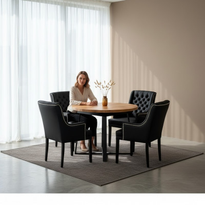 Iesszëmmer-Set Dësch + 4 Chesterfield Still Stull Holz Sëtz Polster Set