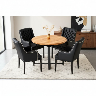 Iesszëmmer-Set Dësch + 4 Chesterfield Still Stull Holz Sëtz Polster Set