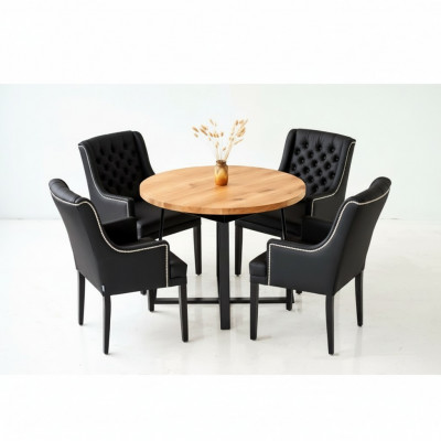 Iesszëmmer-Set Dësch + 4 Chesterfield Still Stull Holz Sëtz Polster Set