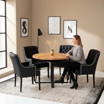 Modern Iesszëmmermiwwelen Edel Ronnen Holzdësch + x6 Chesterfield Liederstillen 7-delig Set
