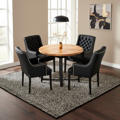 Modern Iesszëmmermiwwelen Edel Ronnen Holzdësch + x6 Chesterfield Liederstillen 7-delig Set