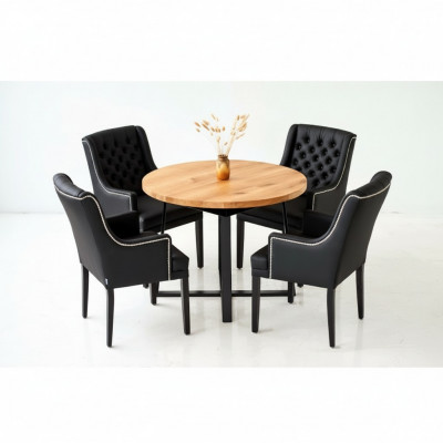 Modern Iesszëmmermiwwelen Edel Ronnen Holzdësch + x6 Chesterfield Liederstillen 7-delig Set