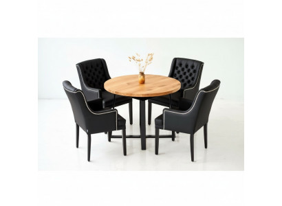Modern Iesszëmmermiwwelen Edel Ronnen Holzdësch + x6 Chesterfield Liederstillen 7-delig Set