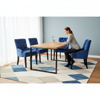 Modernt hëlzent Iessdësch + x6 Chesterfield Still Iesszëmmer Grupp Garnissong 7 Stéck.