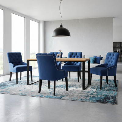 Modernt hëlzent Iessdësch + x6 Chesterfield Still Iesszëmmer Grupp Garnissong 7 Stéck.