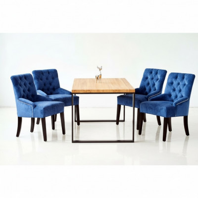 Modernt hëlzent Iessdësch + x6 Chesterfield Still Iesszëmmer Grupp Garnissong 7 Stéck.