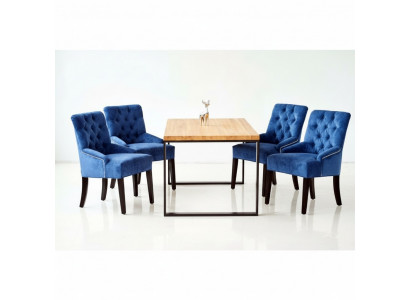 Modernt hëlzent Iessdësch + x6 Chesterfield Still Iesszëmmer Grupp Garnissong 7 Stéck.