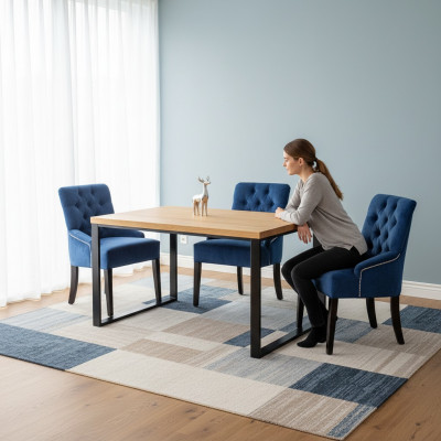 Moderne Iesszëmmer Set Designer Holzdësch mat Bloen Chesterfield Still