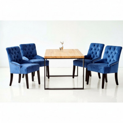 Moderne Iesszëmmer Set Designer Holzdësch mat Bloen Chesterfield Still