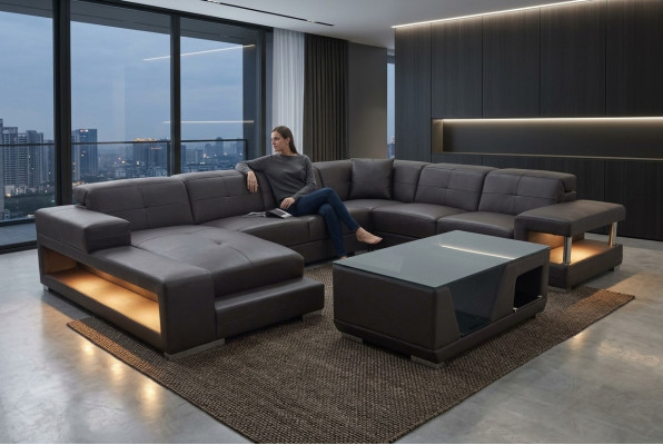 Ledersofa Ecke Wunnlandschaft Garnitur Design Modern Ecksofa Sofa U-Form mat USB
