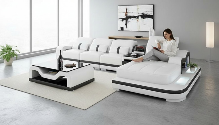 Ledersofa Couch Sofagarnitur Nei 3+2+1 Sëtzer Garnitur Design Modern Sofa +USB
