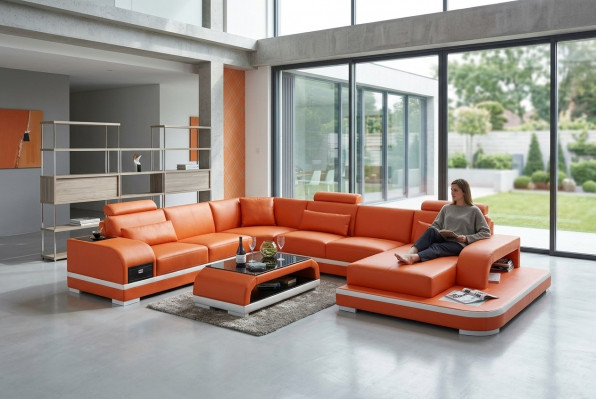 Luedercouch Canapé Wunnlandschaft Ecksofa Eck Garnitur Design Modern Sofa +USB Nei