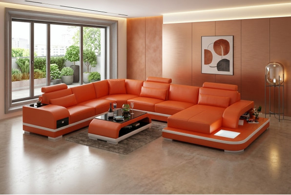 Luedercouch Canapé Wunnlandschaft Ecksofa Eck Garnitur Design Modern Sofa +USB Nei