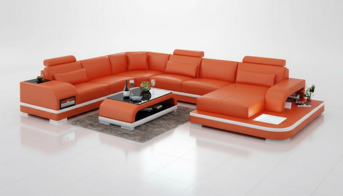 Luedercouch Canapé Wunnlandschaft Ecksofa Eck Garnitur Design Modern Sofa +USB Nei