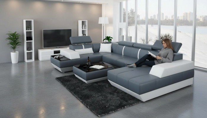 Modern Sitzgruppe Ledersofa Polster Ecksofa Sofa Couch Wunnlandschaft K5015 + USB
