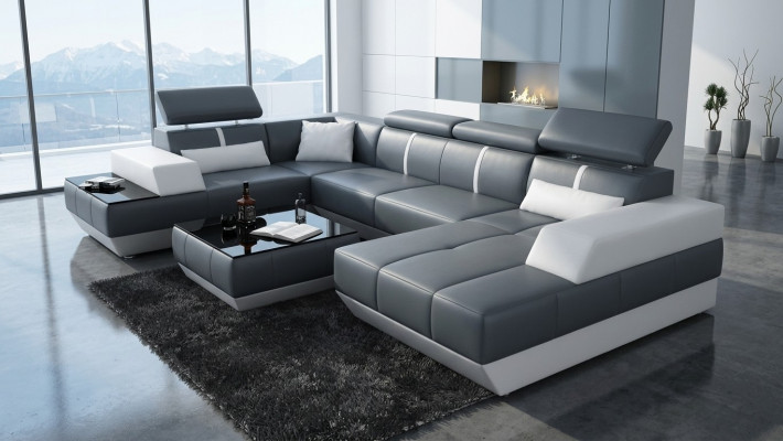 Modern Sitzgruppe Ledersofa Polster Ecksofa Sofa Couch Wunnlandschaft K5015 + USB