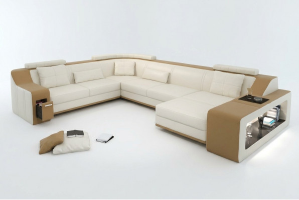 Moderne Sitzeck Ecksofa Sofa Polstersofa Ledereckgarnitur Wunnlandschaft USB