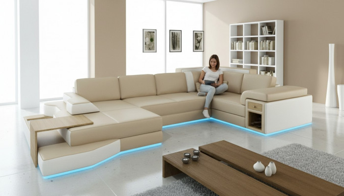 XXL Design Wunéckgarnitur grousse Canapé mat USB Couch Wunnlandschaft U Form Lieder Textil Eck