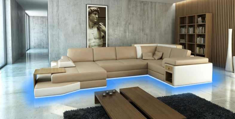 XXL Design Wunéckgarnitur grousse Canapé mat USB Couch Wunnlandschaft U Form Lieder Textil Eck