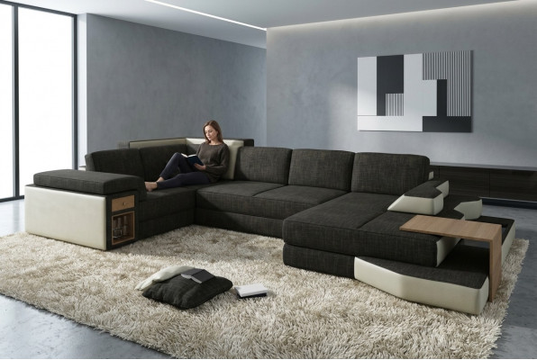 XXL Design Grouss Sofa mat USB, Ecksofa Couch Wunnlandschaft U Form Lieder Textil Eck.