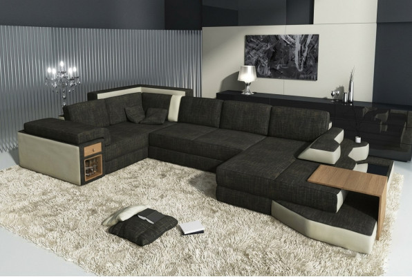 XXL Design Grouss Sofa mat USB, Ecksofa Couch Wunnlandschaft U Form Lieder Textil Eck.