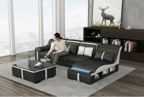 Design Eck Sofa USB LED + Dësch Polster Eck Sëtz Lieder Garnitur Wunnlandschaft