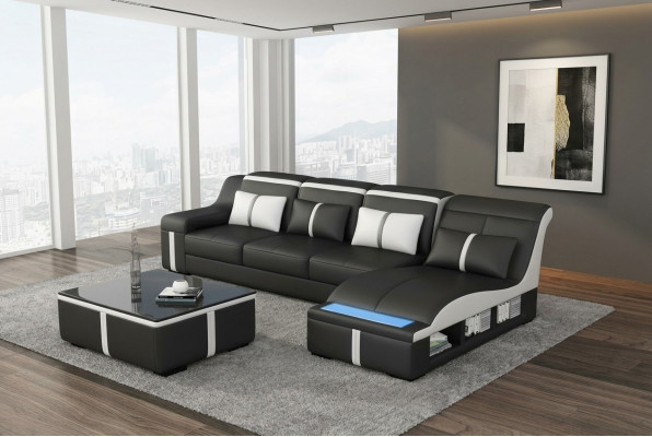 Design Eck Sofa USB LED + Dësch Polster Eck Sëtz Lieder Garnitur Wunnlandschaft