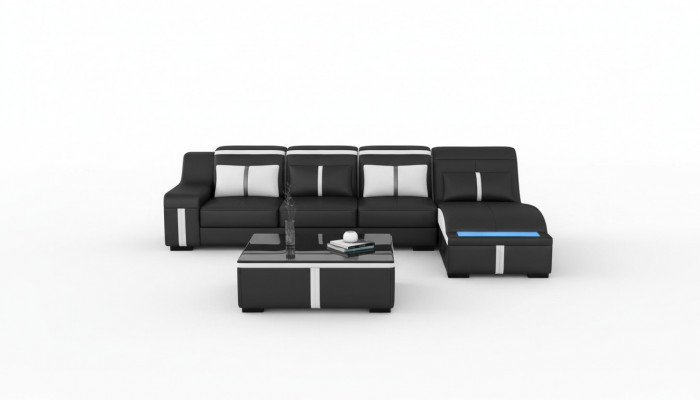 Design Eck Sofa USB LED + Dësch Polster Eck Sëtz Lieder Garnitur Wunnlandschaft