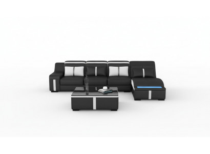 Design Eck Sofa USB LED + Dësch Polster Eck Sëtz Lieder Garnitur Wunnlandschaft