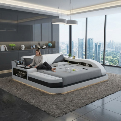 Multifunktiounsbett Luxus Design Liederbetten Duebel Ablageregal 180x200