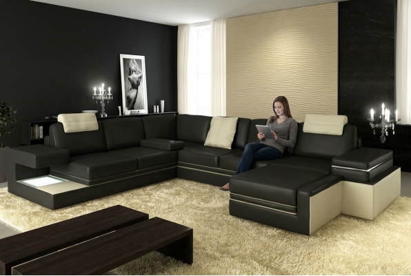 Modern Eckcanapé Design Sofa Polster Eck Lieder Textil Canapé LED Wunnlandschaft