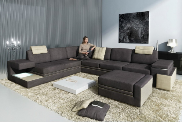 Wohnlandschaft XXL Ecksofaa mat USB Polstersëtz Garnitur Sofasen Textil