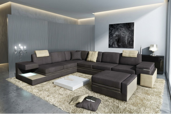 Wohnlandschaft XXL Ecksofaa mat USB Polstersëtz Garnitur Sofasen Textil