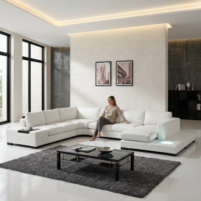 Ledersofa Couch Wunnlandschaft Ecksofa Eck Garnitur Design Modern Sofa mat USB