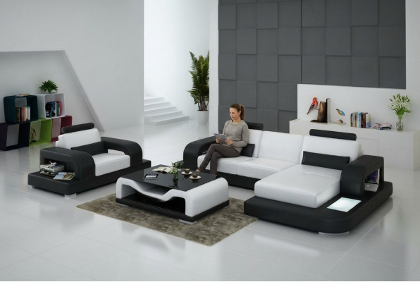 Ledersofa Canapé Wunnlandschaft Eck + Fautëuil Garnitur Design Modern Sofa mat USB