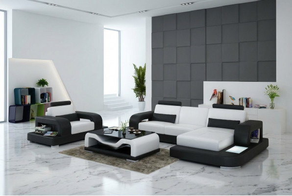 Ledersofa Canapé Wunnlandschaft Eck + Fautëuil Garnitur Design Modern Sofa mat USB