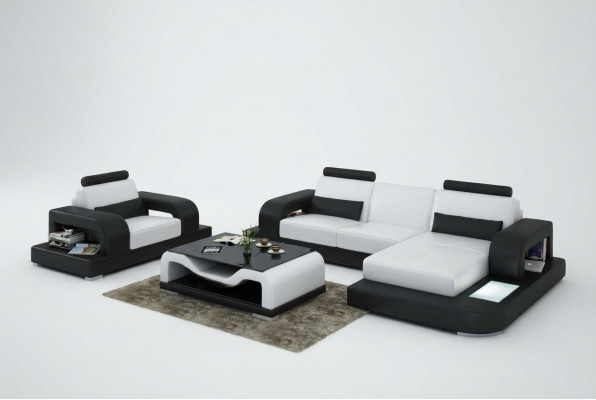 Ledersofa Canapé Wunnlandschaft Eck + Fautëuil Garnitur Design Modern Sofa mat USB
