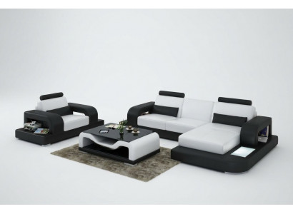 Ledersofa Canapé Wunnlandschaft Eck + Fautëuil Garnitur Design Modern Sofa mat USB