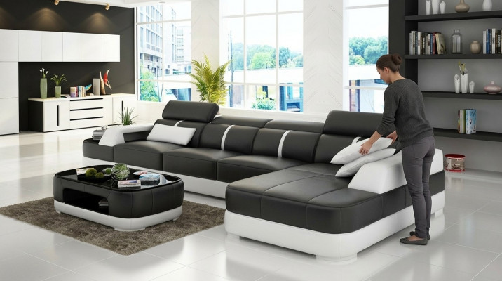 Ledersofa Polster Sëtz Eck Sofa Garnitur Wunnlandschaft Wunnzëmmer Couche mat USB