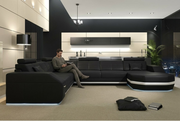 Ledercouch Eckcouch Wunnlandschaft Eckcouch Ecken-Couch Polstersëtz Eck Nei USB+LED